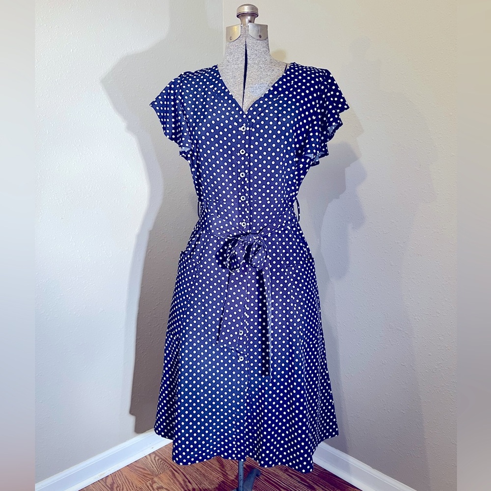 Medium fit and flare Navy Polka Dot Dress